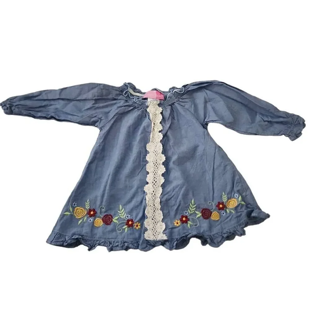 Goodlad Girls Size 2T Blue White Floral Embroidered Crochet Long Sleeve Dress